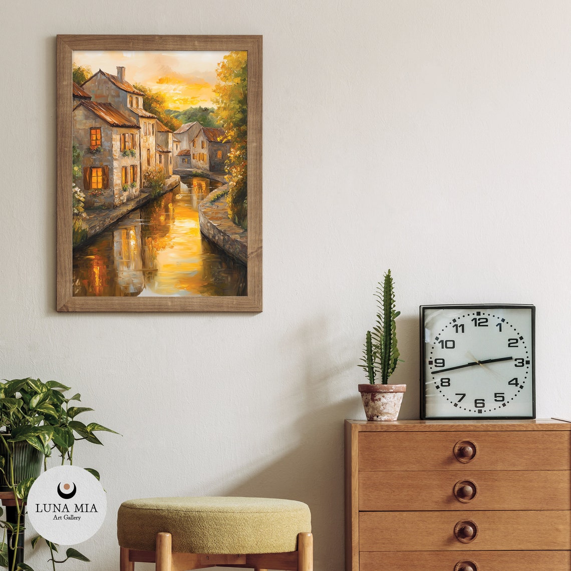 Glowing Golden Sunset Over Village Canal Reflections Art Poster - Image 3