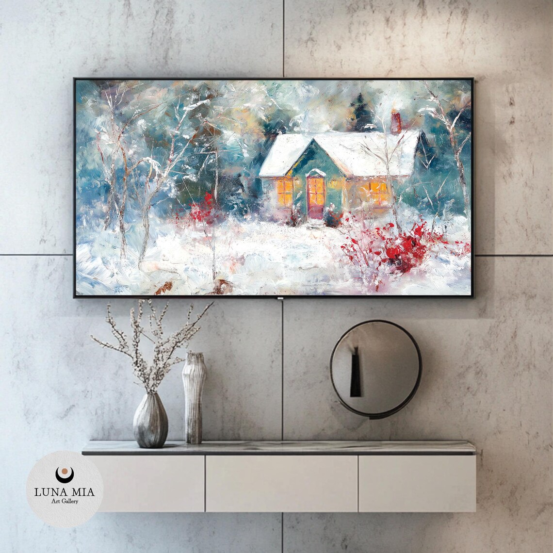 Cozy Snowy Cabin With Glowing Windows In A Winter Snowstorm Scene Poster - Image 2