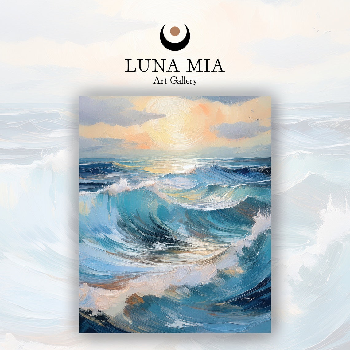 Big Vibrant Ocean Waves Crashing Under Golden Sunset Art Poster - Image 2