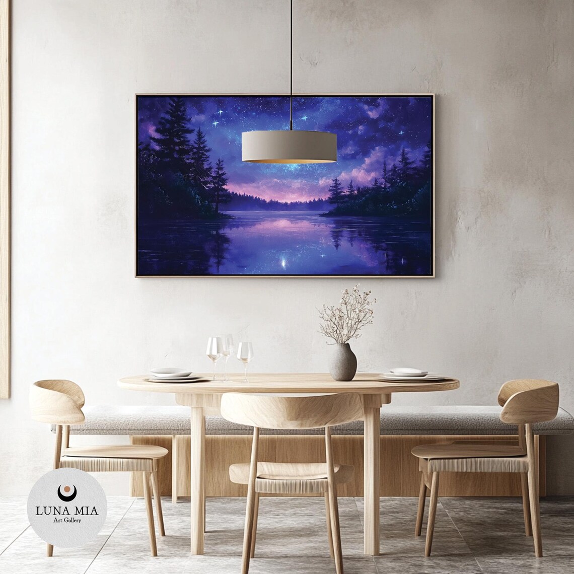 Starry Purple Night Sky Over A Mirror Lake With Pine Silhouettes Poster - Image 3