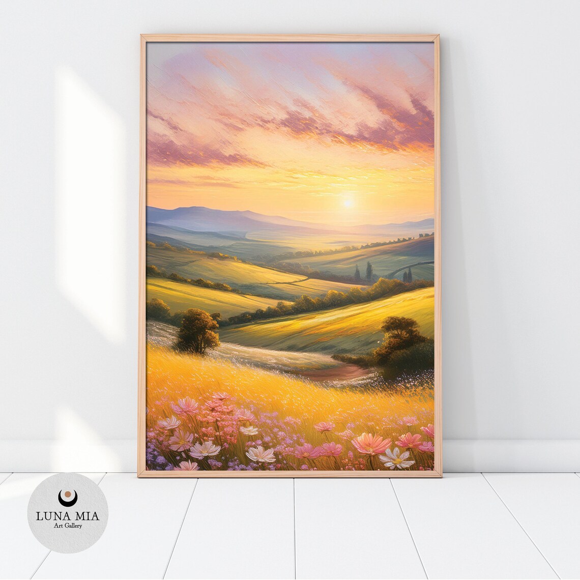 Spring Valley Sunset Golden Hills Pink Cosmos Field Oil Painting Poster - Image 2