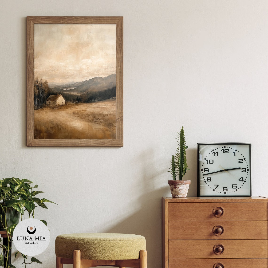 Lonely Sepia Cabin in Open Field Moody Mountain Landscape Poster - Image 3