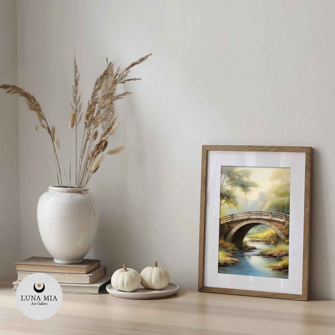 Old Arched Stone Bridge Over River in Misty Green Forest Poster - Image 4