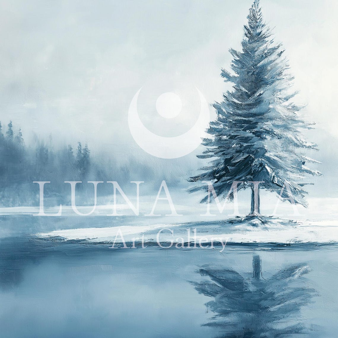 Lone Snowy Pine Tree by Frozen Lake Mirror Reflection Art Poster - Image 5