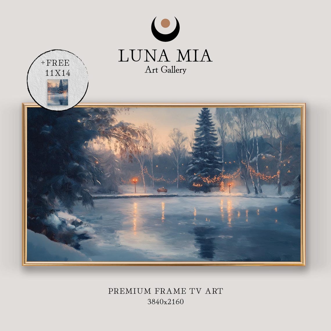 Frozen Lake At Dusk With Glowing String Lights Winter Evening Poster