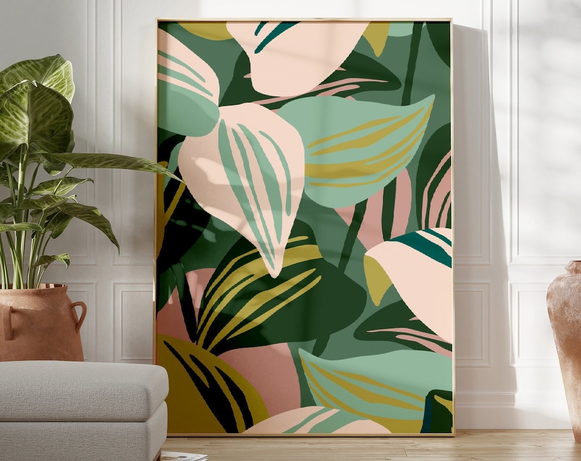 Abstract Tropical Leaves Green Blush Pink Modern Botanical Art Poster
