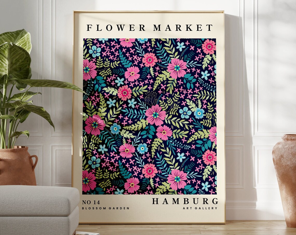 Hamburg Flower Market Blossom Garden Navy Pink Floral Art Poster