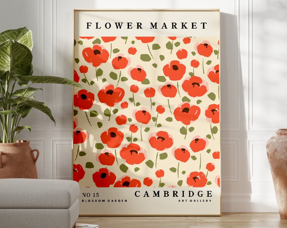 Cambridge Flower Market No 15 Red Poppy Pattern Garden Art Wall Poster