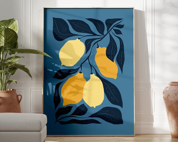 Bold Lemon Branch Botanical Art On Navy Yellow Citrus Kitchen Poster