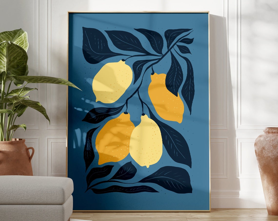 Bold Lemon Branch Botanical Art On Navy Yellow Citrus Kitchen Poster