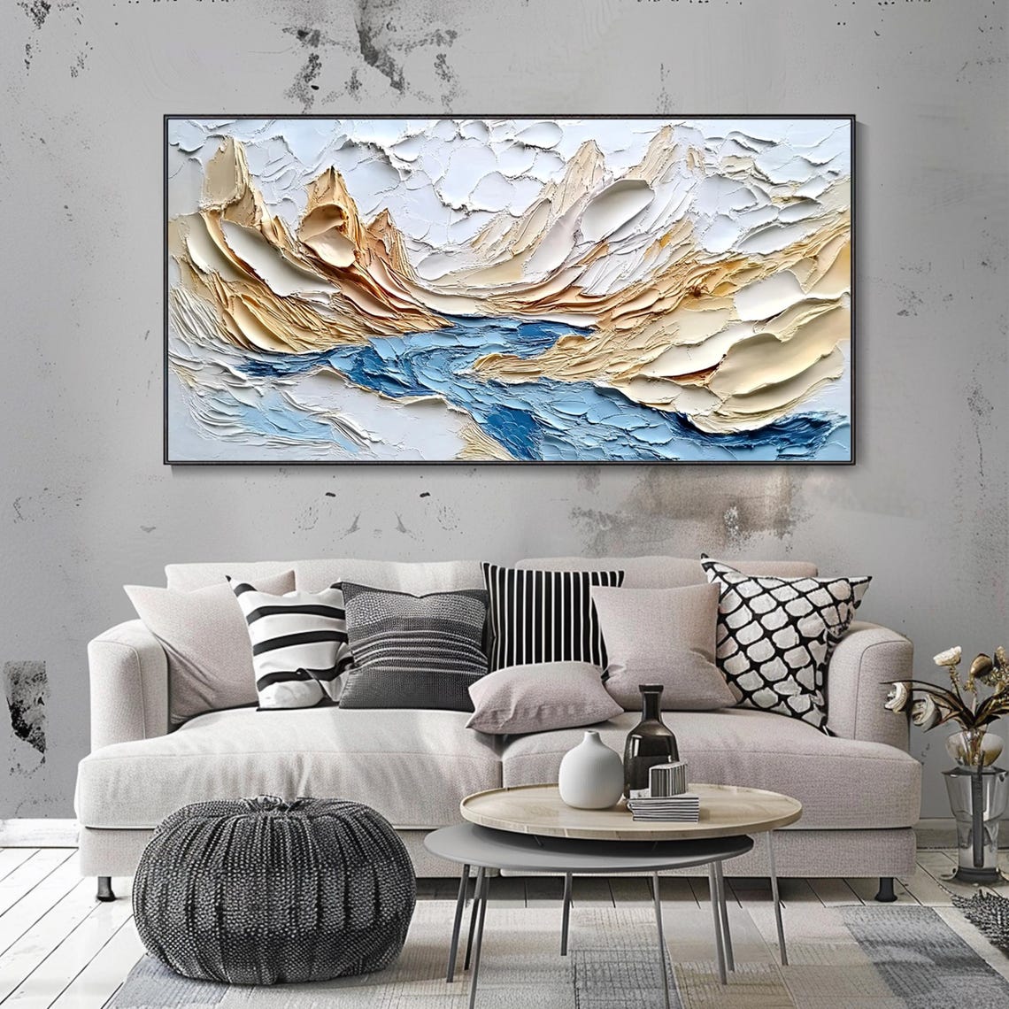 Gold Mountain Peaks Blue River 3D Textured Minimalist Art Poster - Image 2
