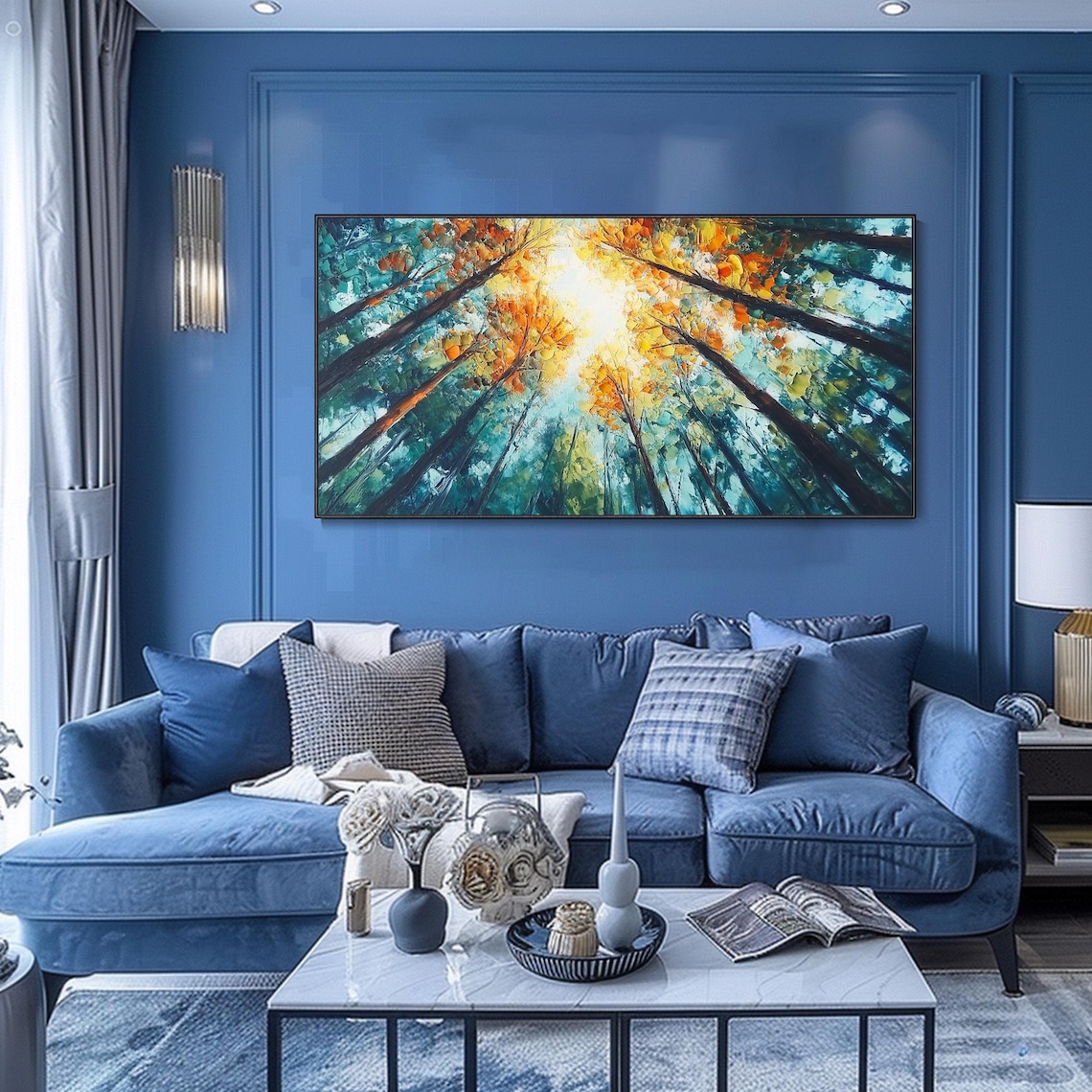 Looking Up Tall Trees Canopy Teal Gold Autumn Leaves Sunlight Poster - Image 2