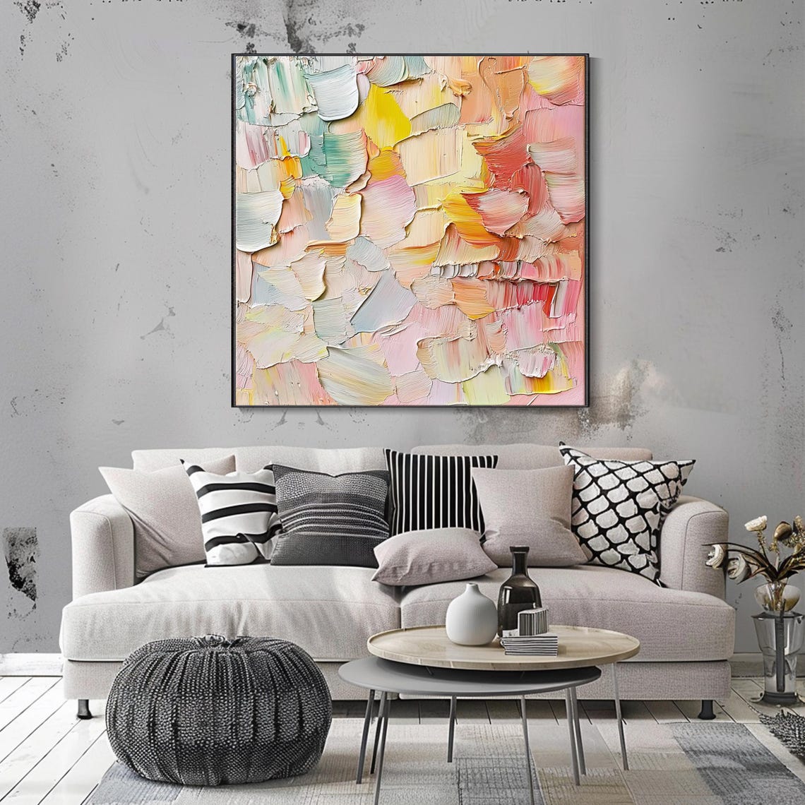 Soft Pastel Abstract Impasto Pink Yellow Cream Modern Calm Wall Art - Image 3