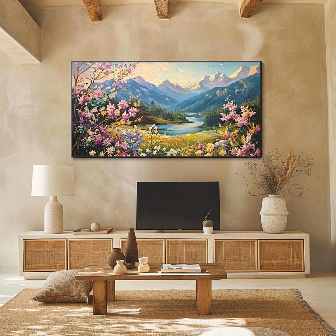 Alpine Mountain Valley Wildflower Meadow Lake Nature Art Poster - Image 2