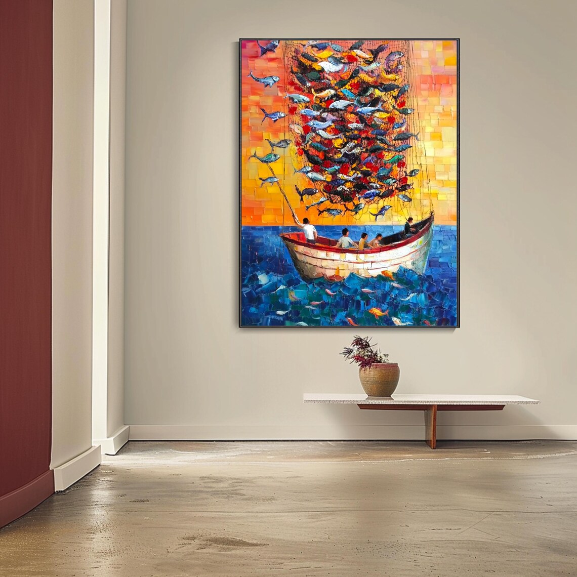 Fishermen Boat Full Net Colorful Fish Sunset Sea Nautical Wall Art - Image 4