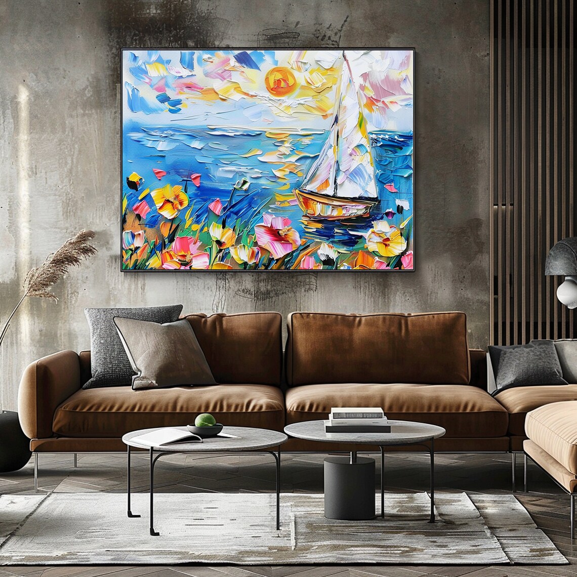 White Sailboat on Blue Sea Wildflower Meadow Sun Impasto Art Poster - Image 2