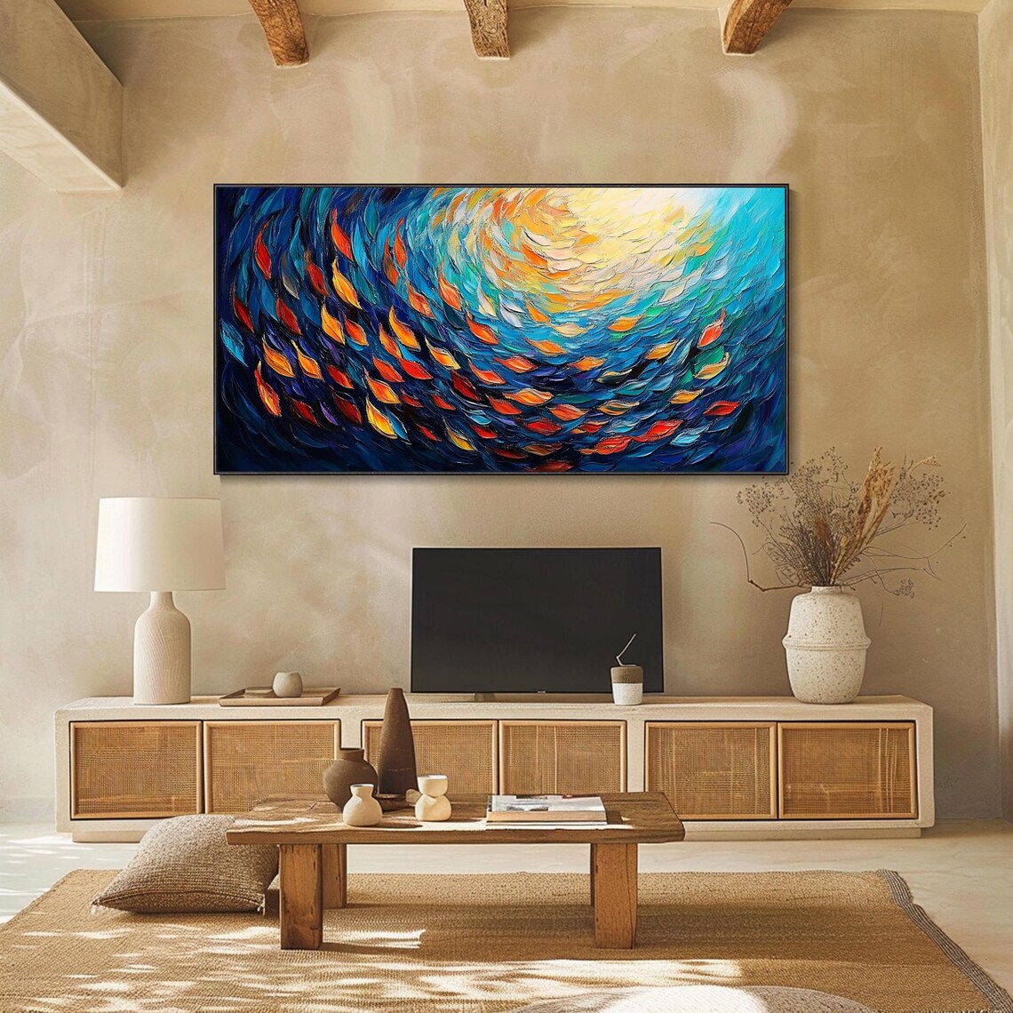 School of Fish Swirling Deep Blue Water Sunrise Ocean Art Poster - Image 2