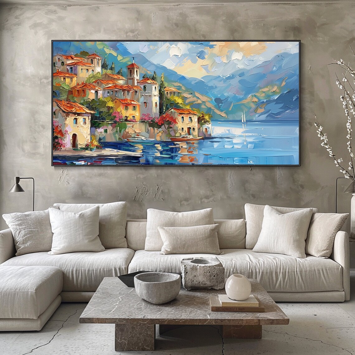 Italian Lakeside Village Red Roofs Harbor Sailboat Art Poster - Image 4