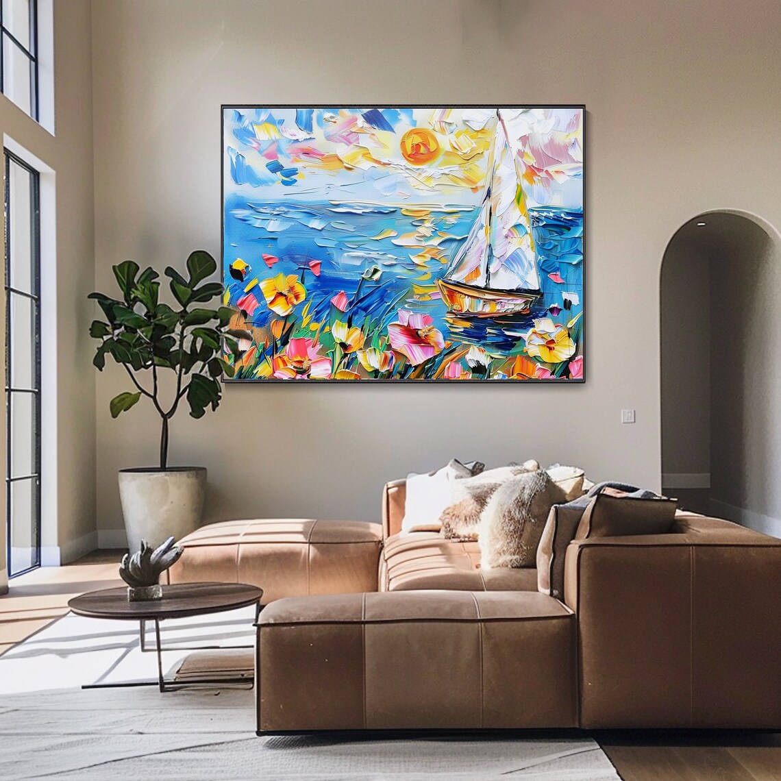 White Sailboat on Blue Sea Wildflower Meadow Sun Impasto Art Poster - Image 4