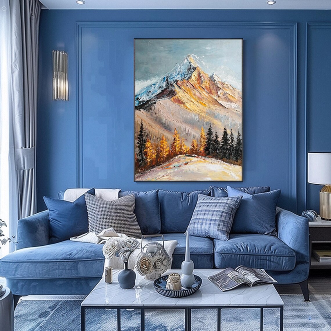 Snow Peak Mountain Golden Slopes Autumn Pine Trees Vertical Art Poster - Image 3
