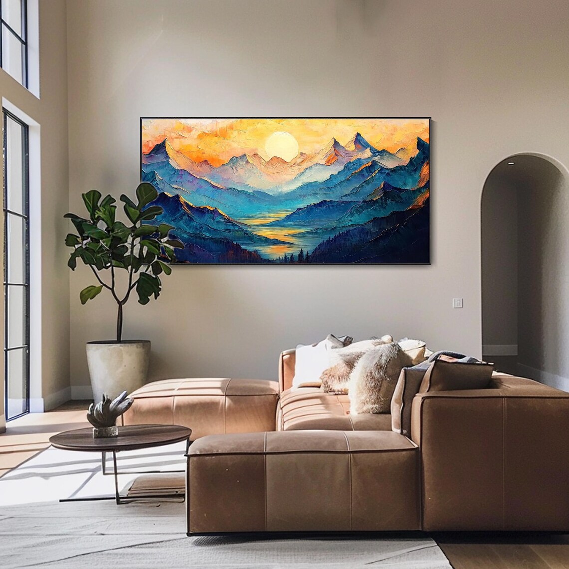 Sunrise Blue Mountain Ranges Golden Sky Impasto Landscape Art Poster - Image 4