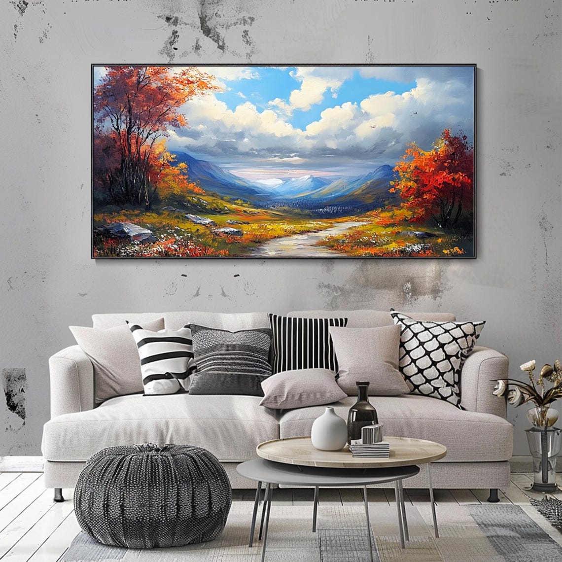 Sunny Autumn Valley Stream Red Trees Blue Mountains Scenic Poster - Image 3