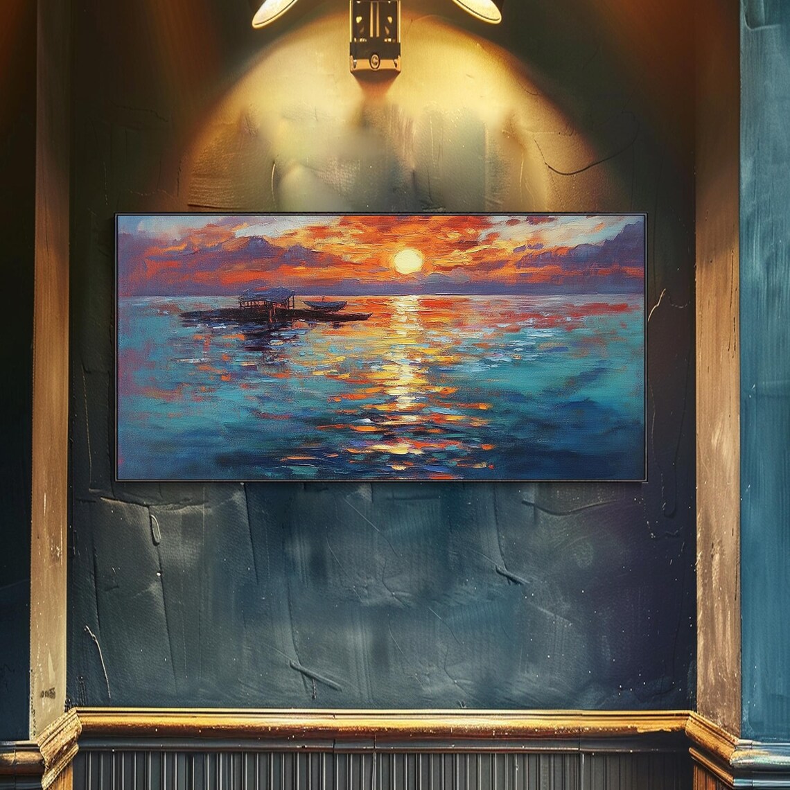 Fiery Sunset Over Ocean Boats Shimmering Vibrant Seascape Art Poster - Image 4
