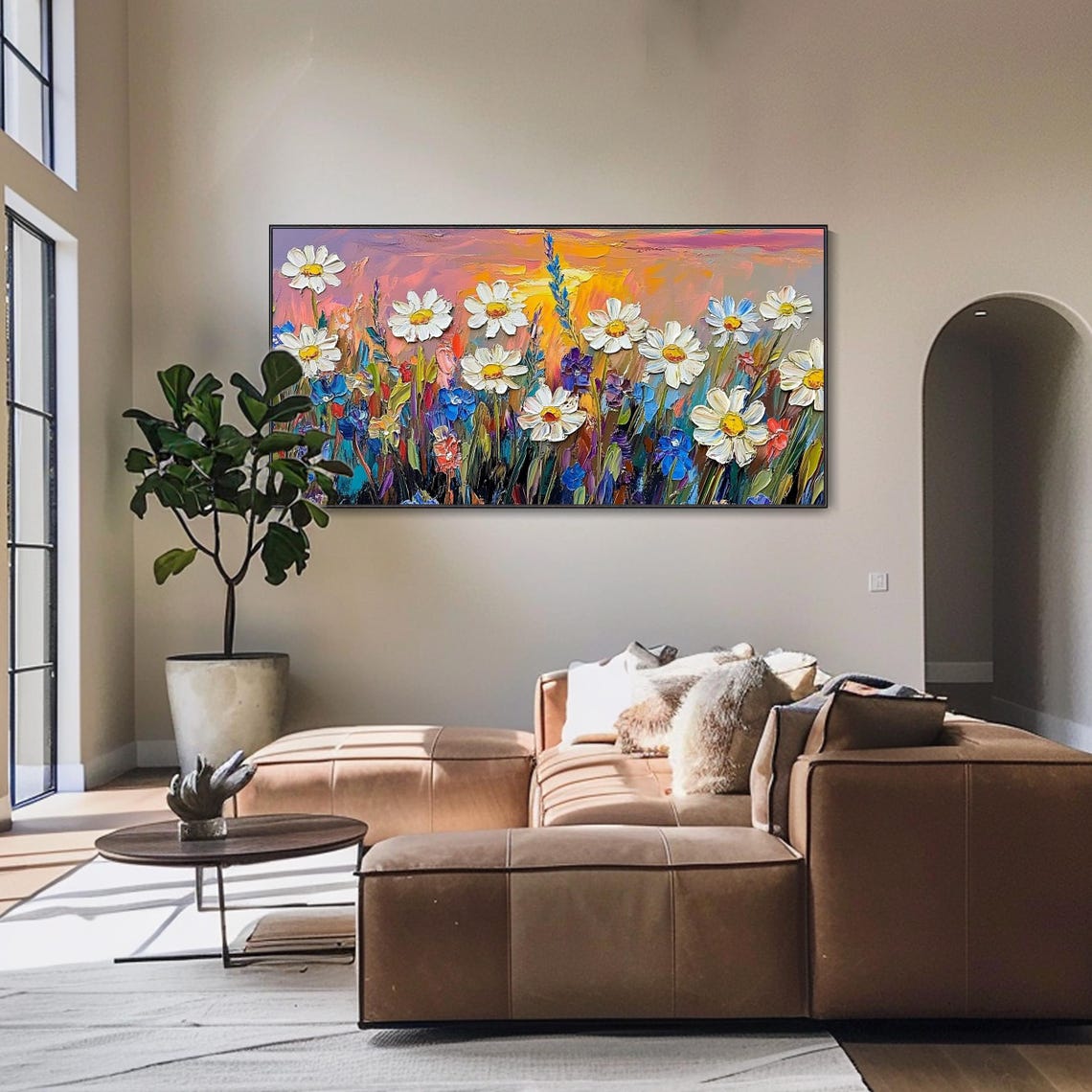 White Daisy Wildflowers Sunset Sky Colorful Meadow Bloom Wall Art - Image 4