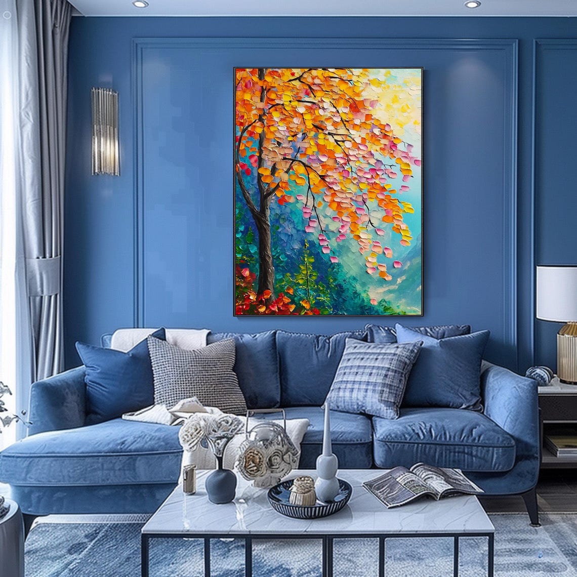 Autumn Tree Orange Pink Leaves Teal Background Textured Art Poster - Image 2
