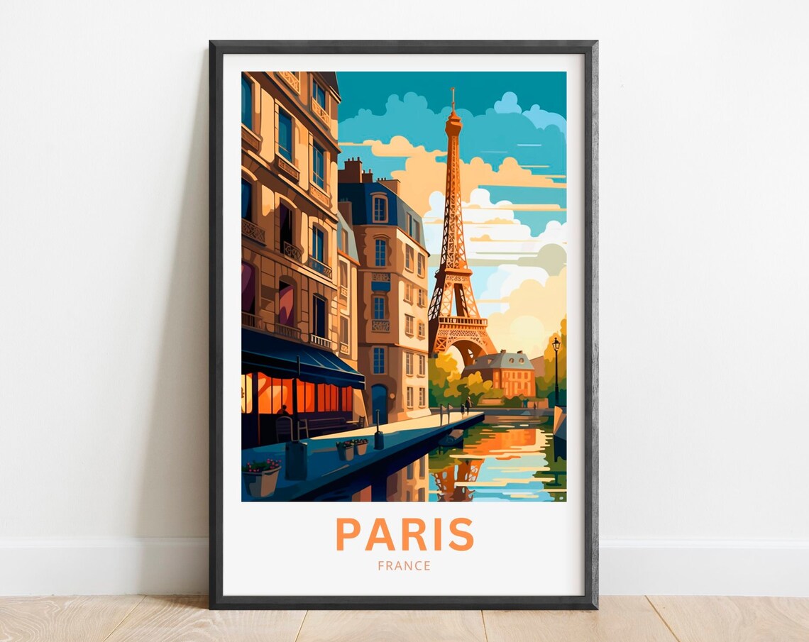 Paris France Eiffel Tower Haussmann Street River Sunset Travel Poster