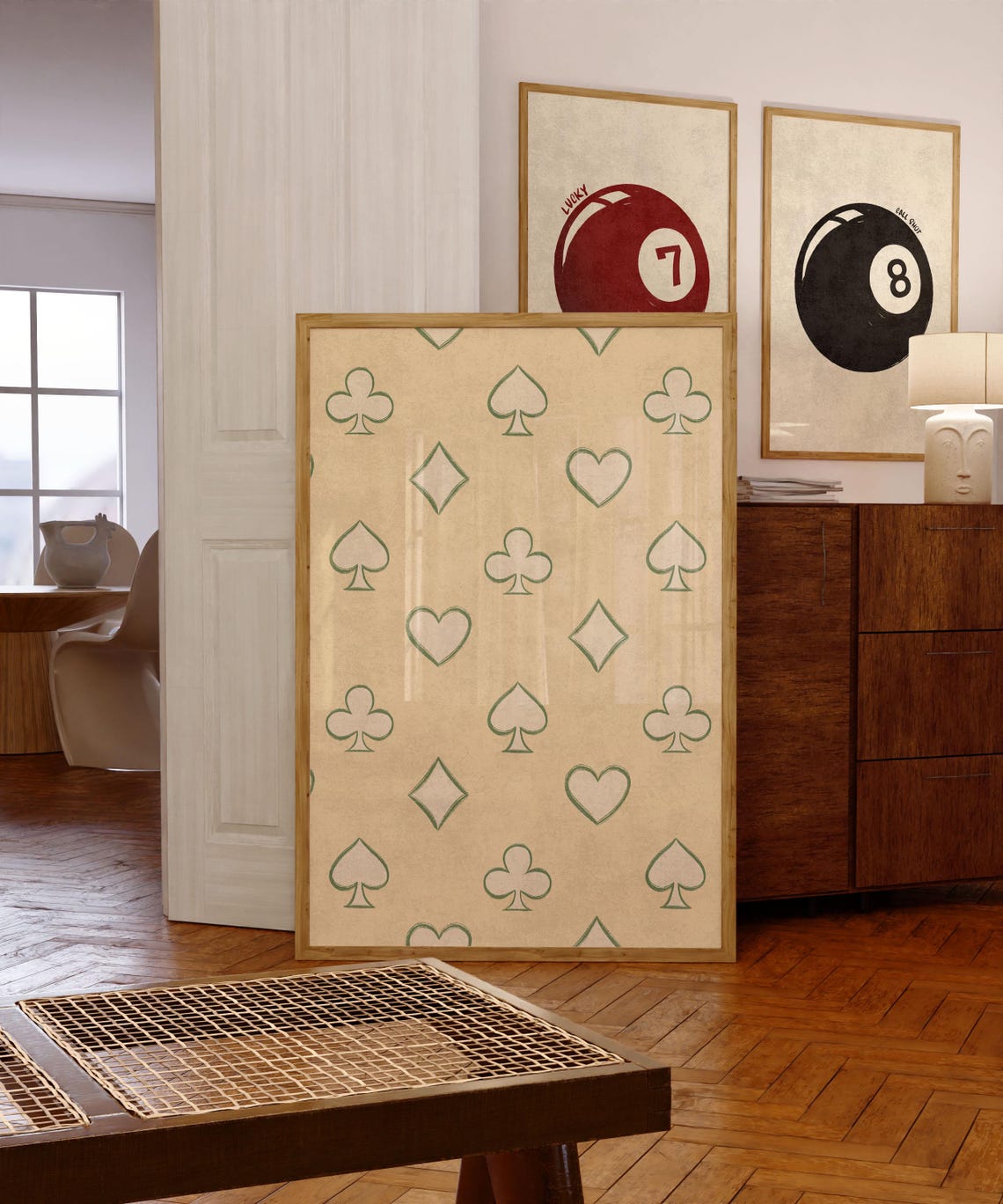 Green Card Suits Pattern Cream Playing Card Retro Art Poster - Image 4