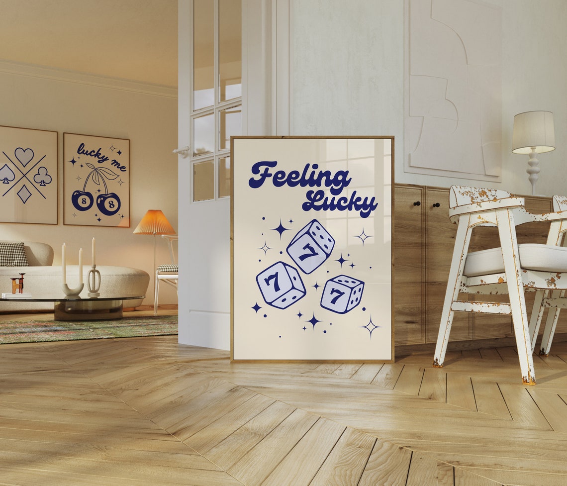Feeling Lucky 777 Dice Retro Navy Script Quote Wall Art for Game Room - Image 4
