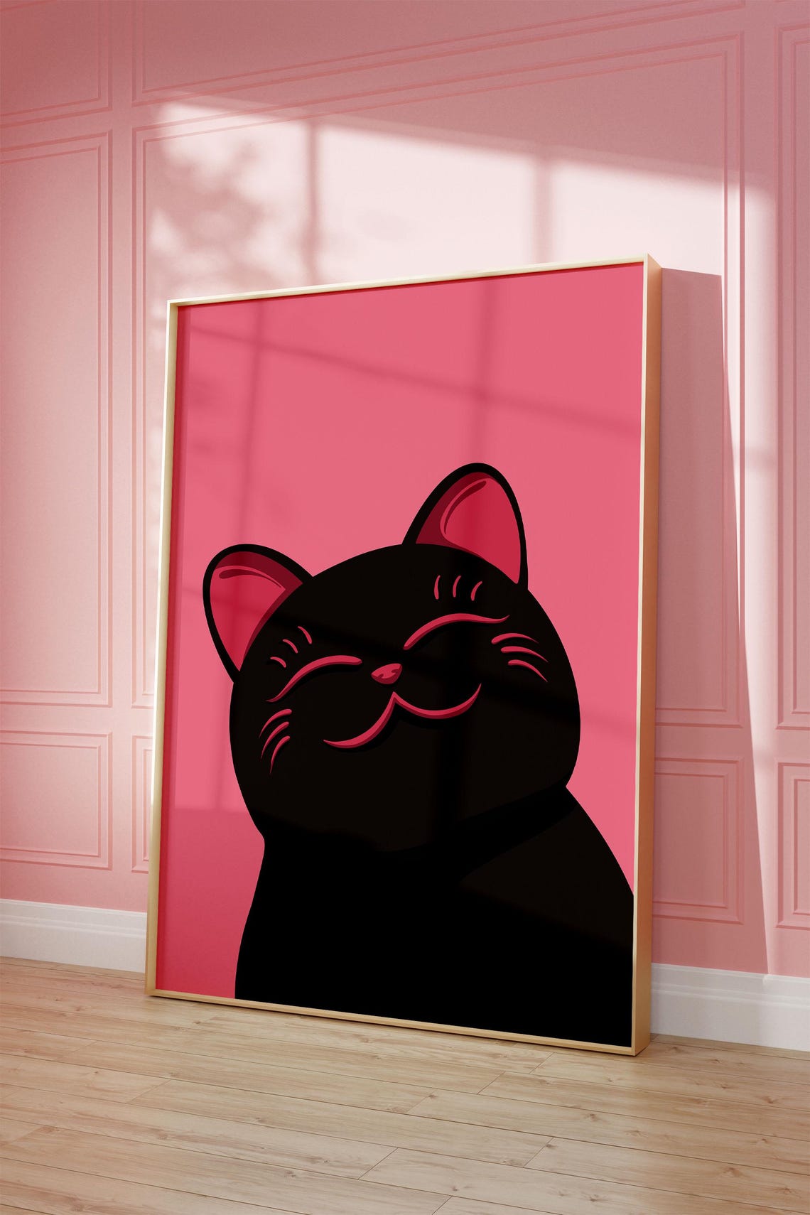 Lucky Black Cat Maneki Neko Style Pink Minimalist Wall Poster - Image 2