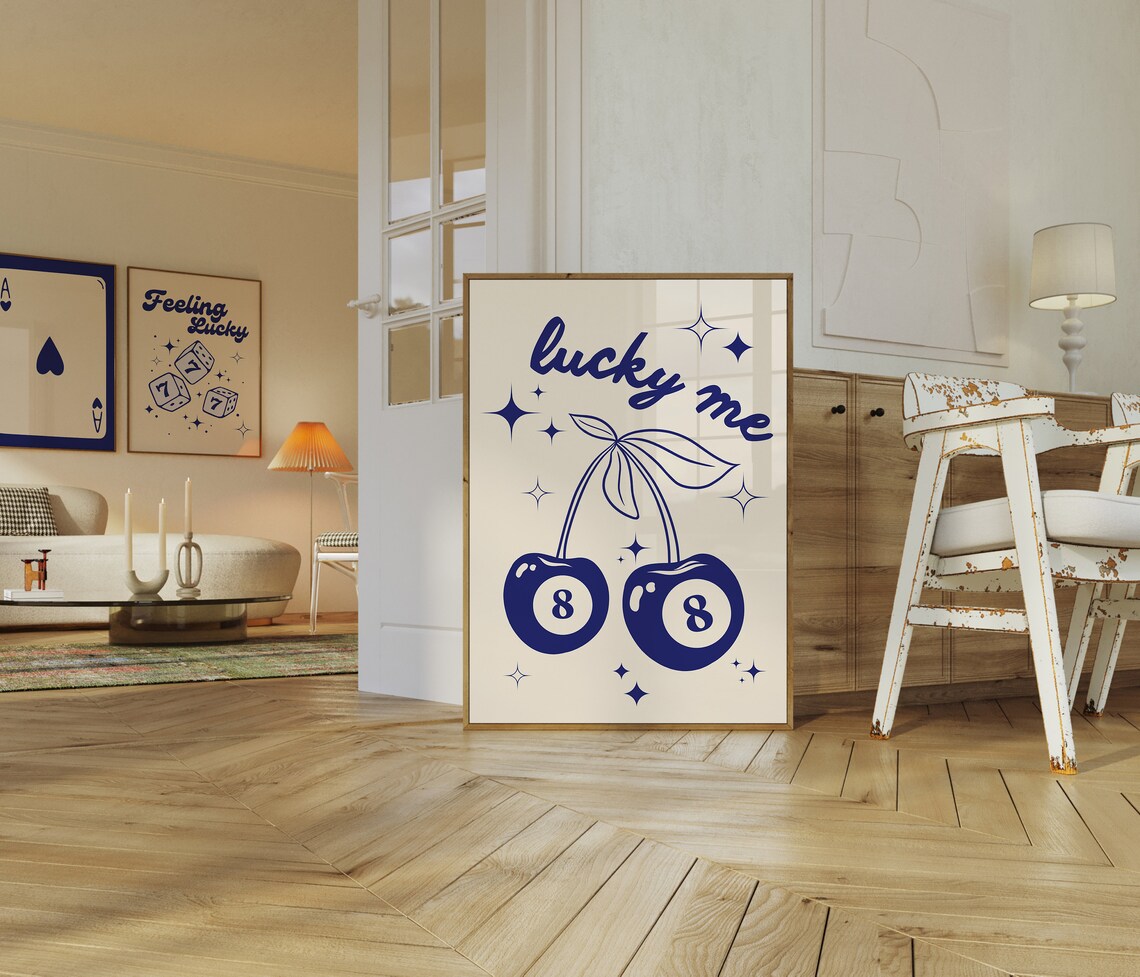Lucky Me Navy Cherry Eight Ball Retro Trendy Decorative Quote Poster - Image 2