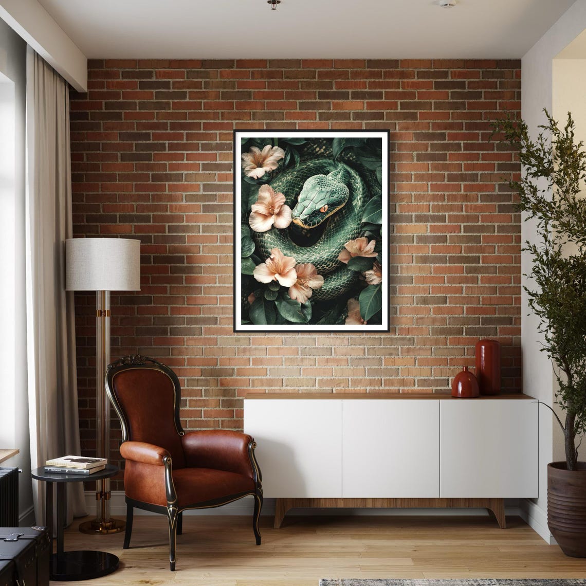 Green Tree Python Art Print Snake Painting Jungle Tropical Leaves Artwork Wildlife Decor Vintage Modern Style Exotic Snake Reptile Drawing - Image 2