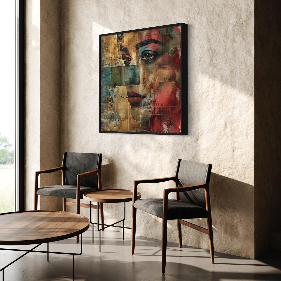 Abstract Woman Face Collage Red Teal Gold Mixed Media Portrait Print - Image 3