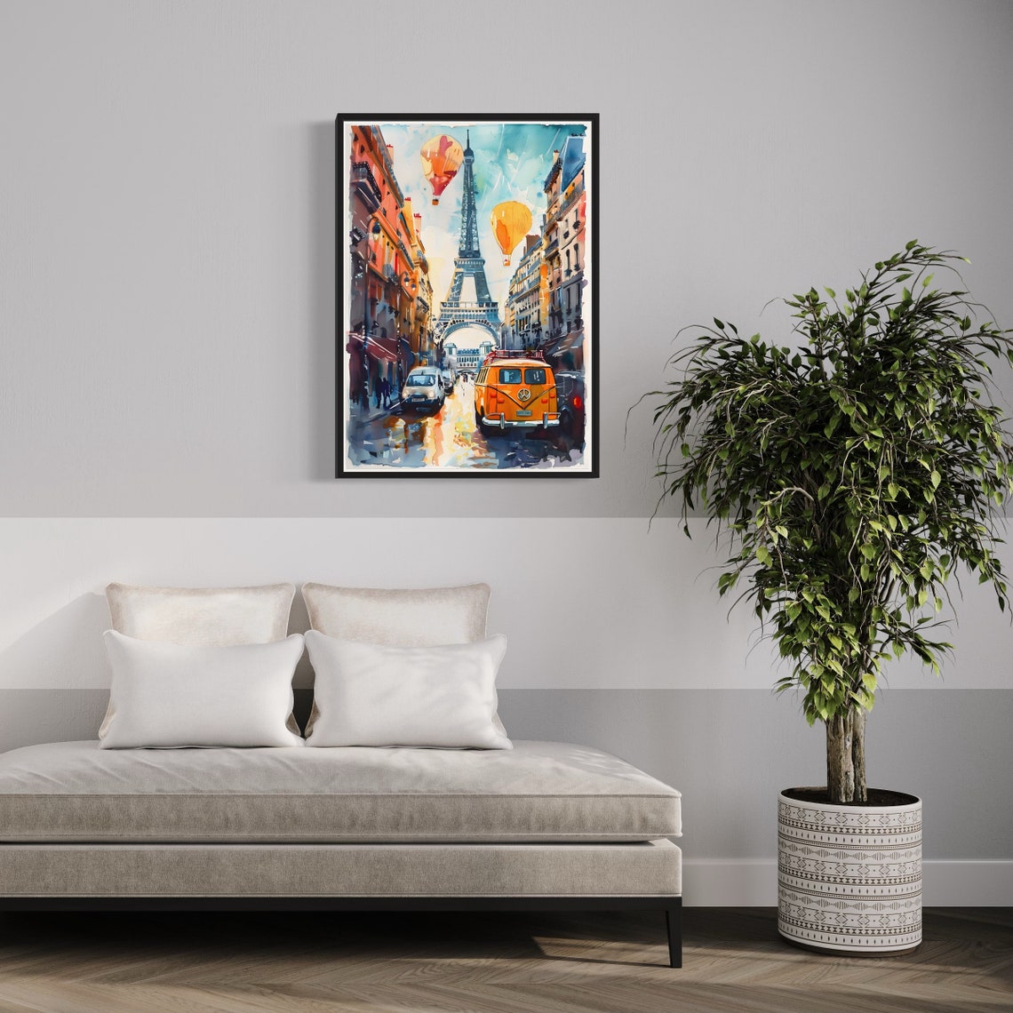 Eiffel Tower Art Print Watercolour Vintage Vw Van And Hot Air Balloons Painting Travel France Poster Paris Cityscape Wall Gift Souvenir - Image 4