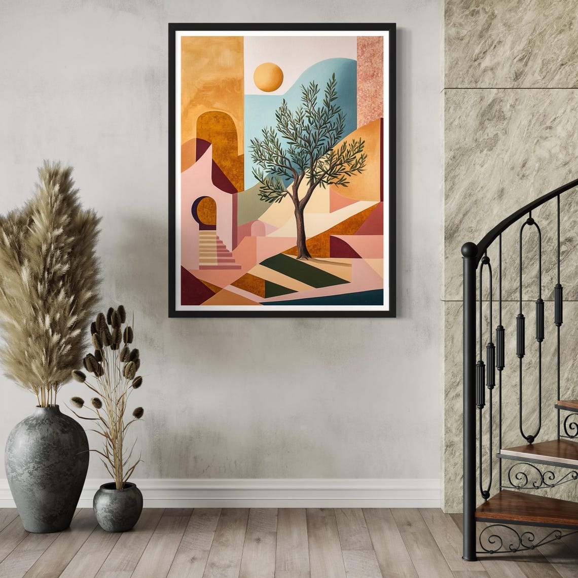 Olive Tree Art Print Modern Minimalist Kitchen Wall Decor Geometric Shapes Abstract Artwork Mediterranean Architecture Painting Gift - Image 2