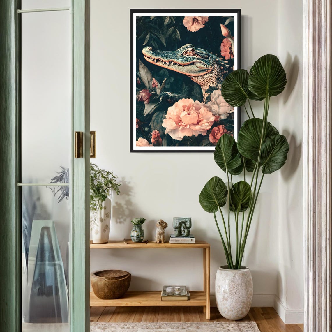 Alligator Tropical Jungle Peony Flowers Vintage Wildlife Poster - Image 2