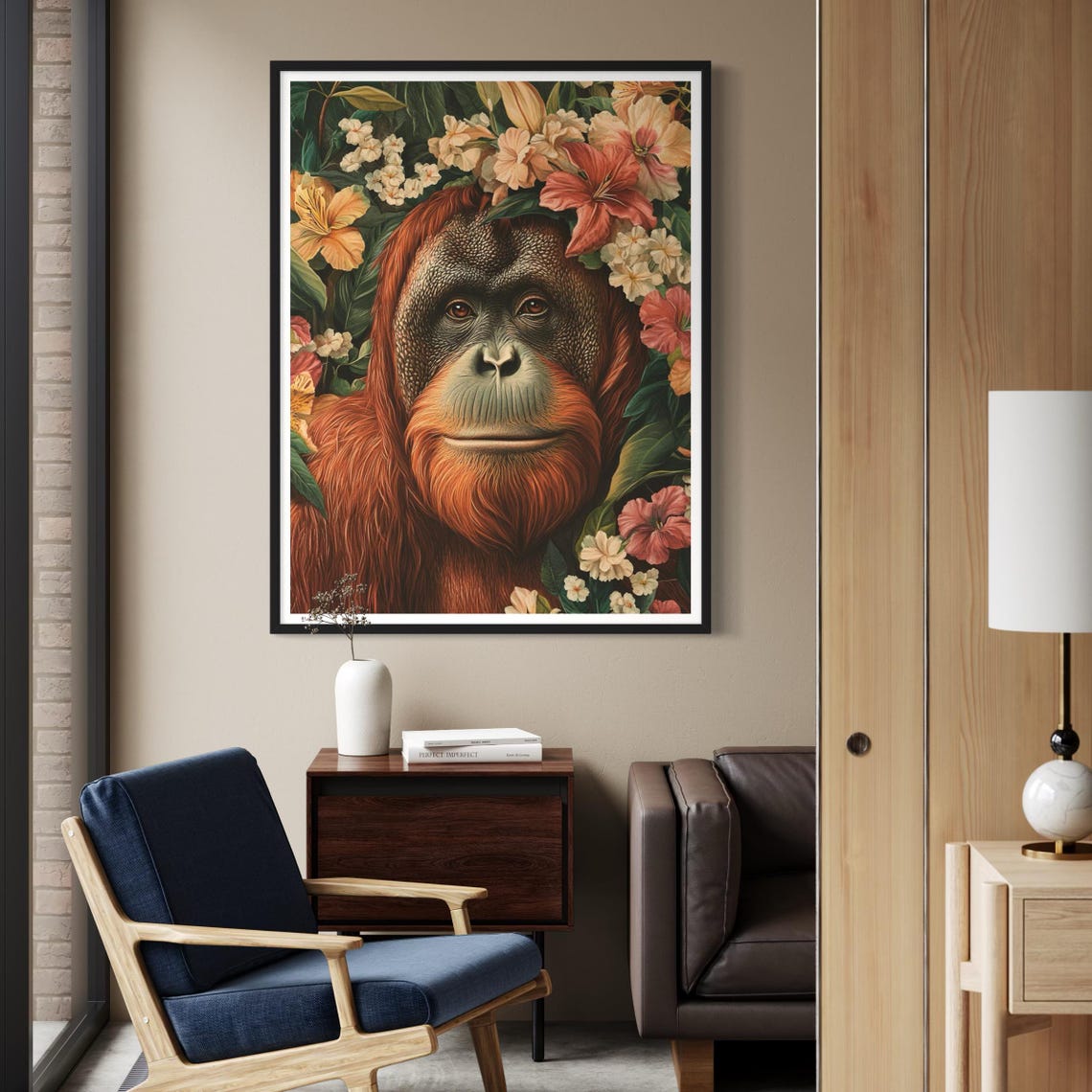 Orangutan Face Red Fur Tropical Flowers Jungle Wildlife Poster - Image 2