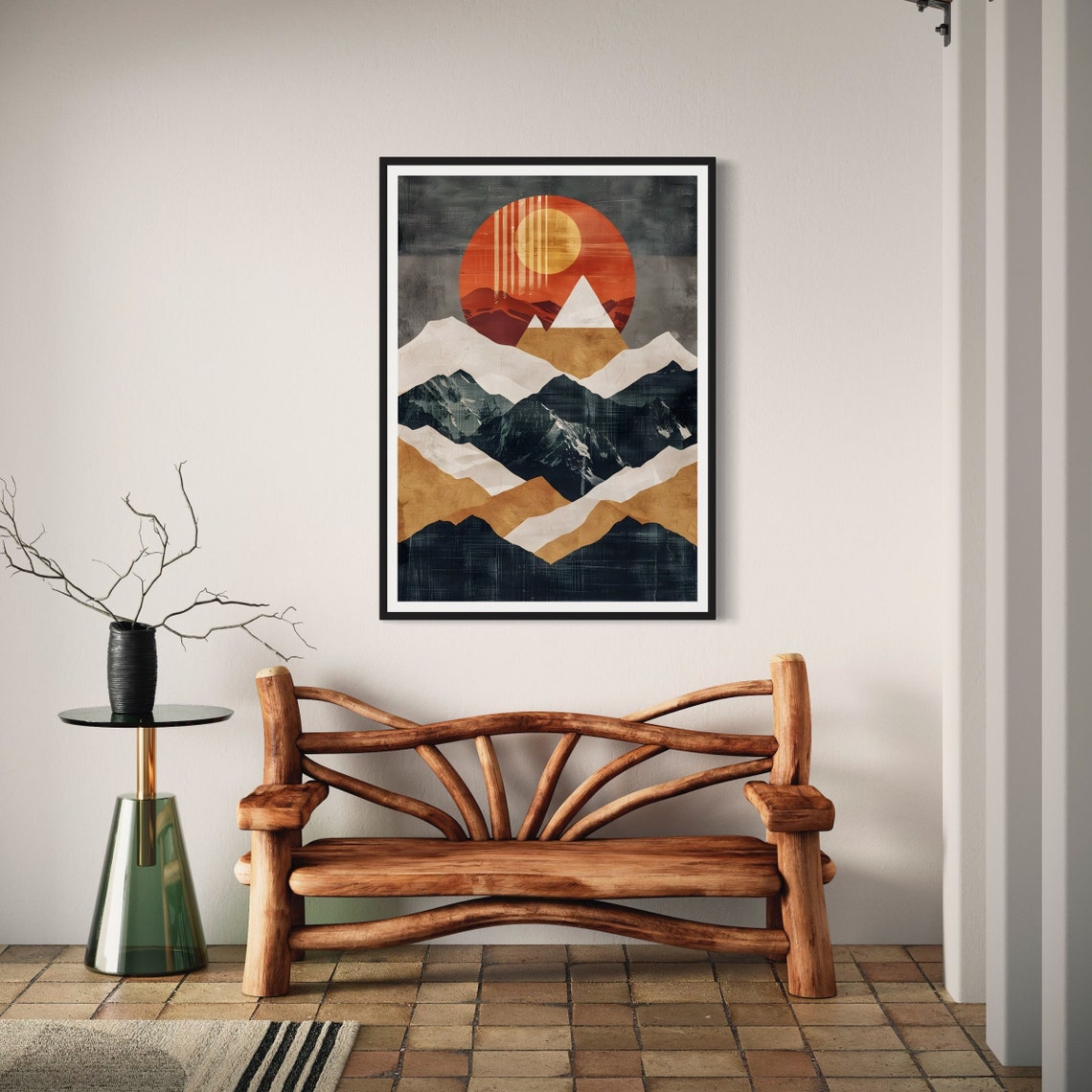 Geometric Layered Mountain Peaks Rising Sun Boho Modern Art Print - Image 3