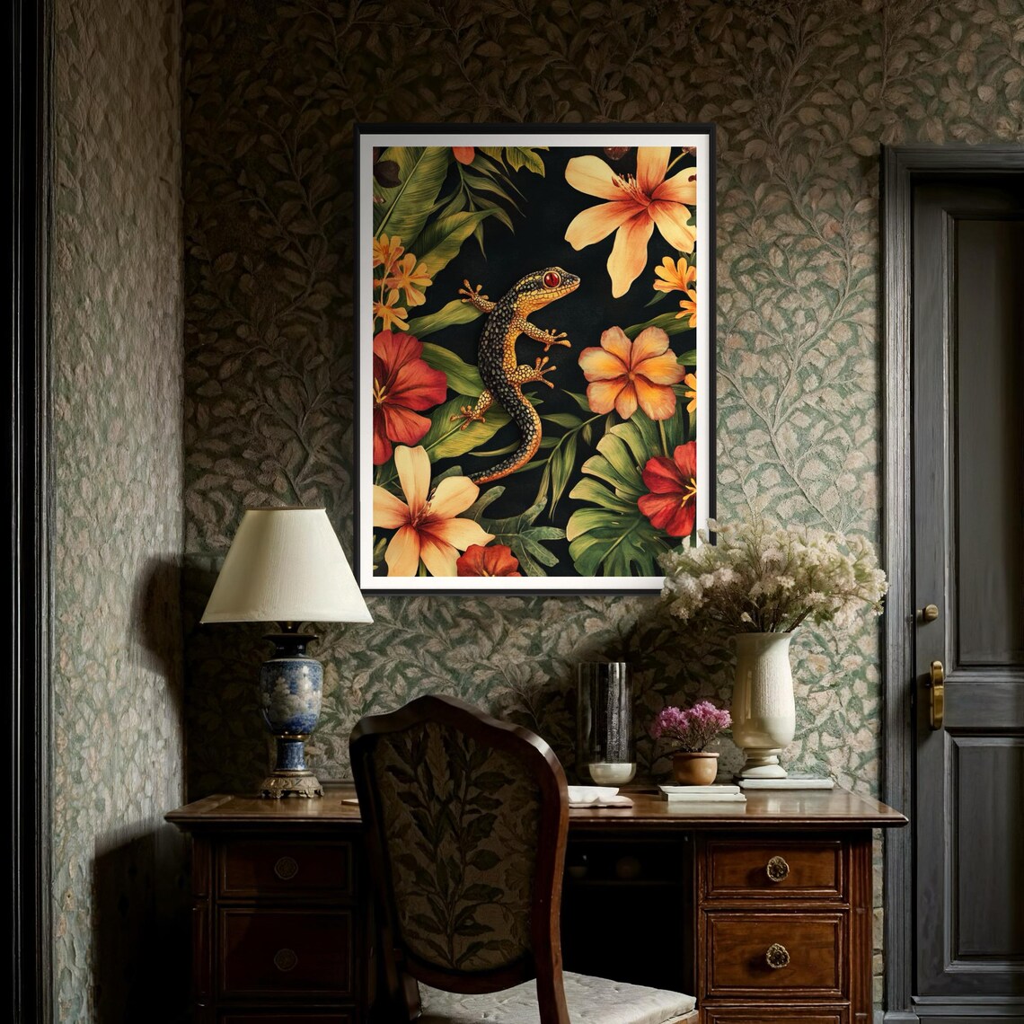 Gecko Tropical Flowers Black Background Wildlife Reptile Art Print - Image 2