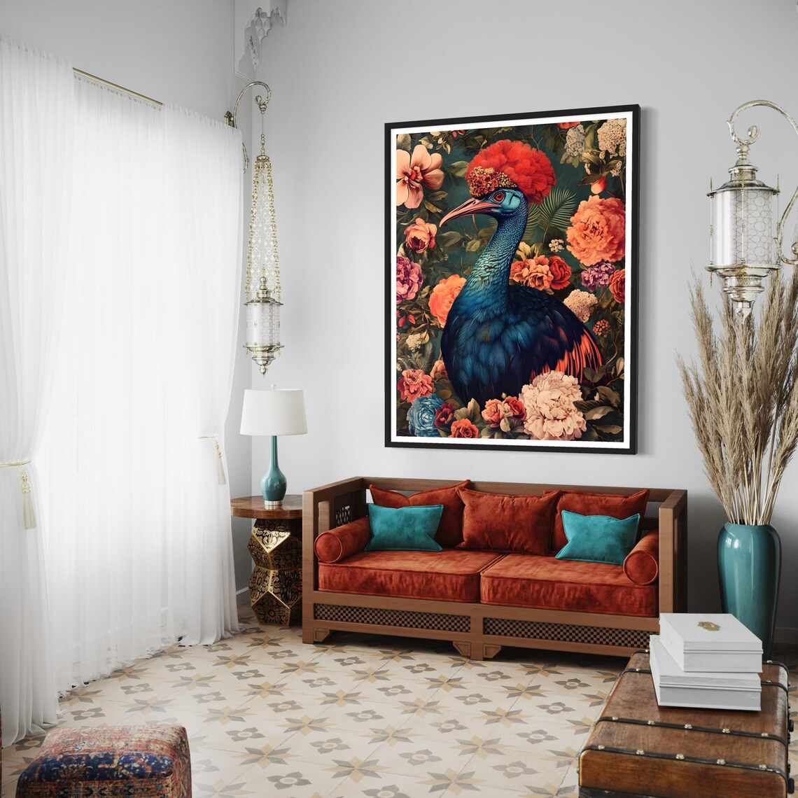 Cassowary Blue Neck Red Crest Tropical Flower Jungle Wildlife Poster - Image 3