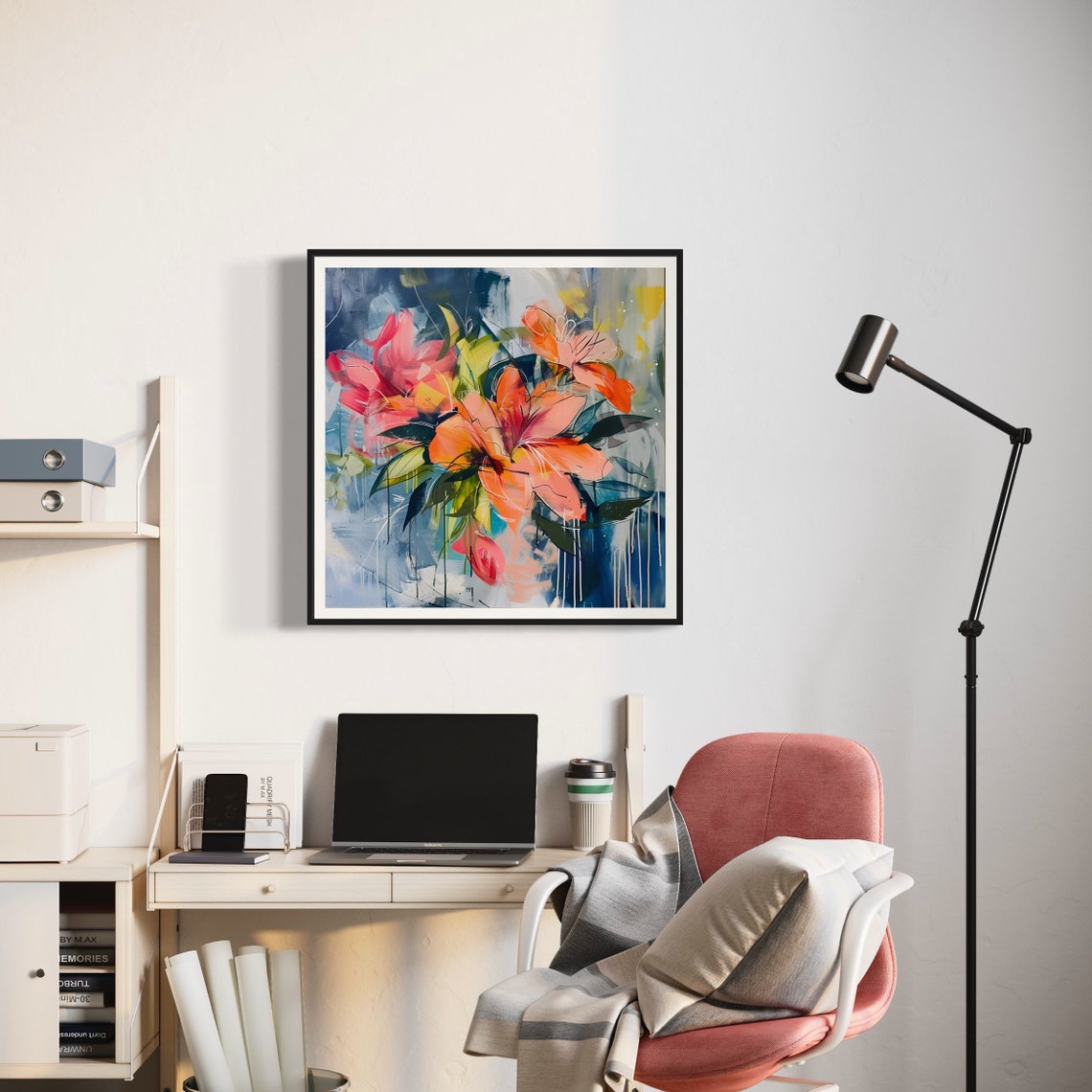 Pink Orange Lily Flowers Paint Drip Abstract Botanical Art Print - Image 3