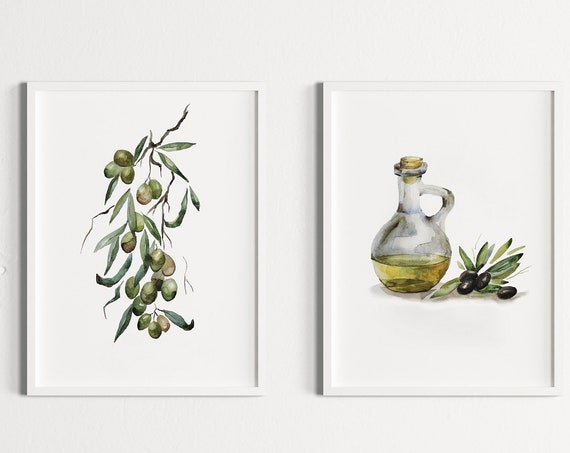 Olive Italy Watercolor Kitchen Art Print Set