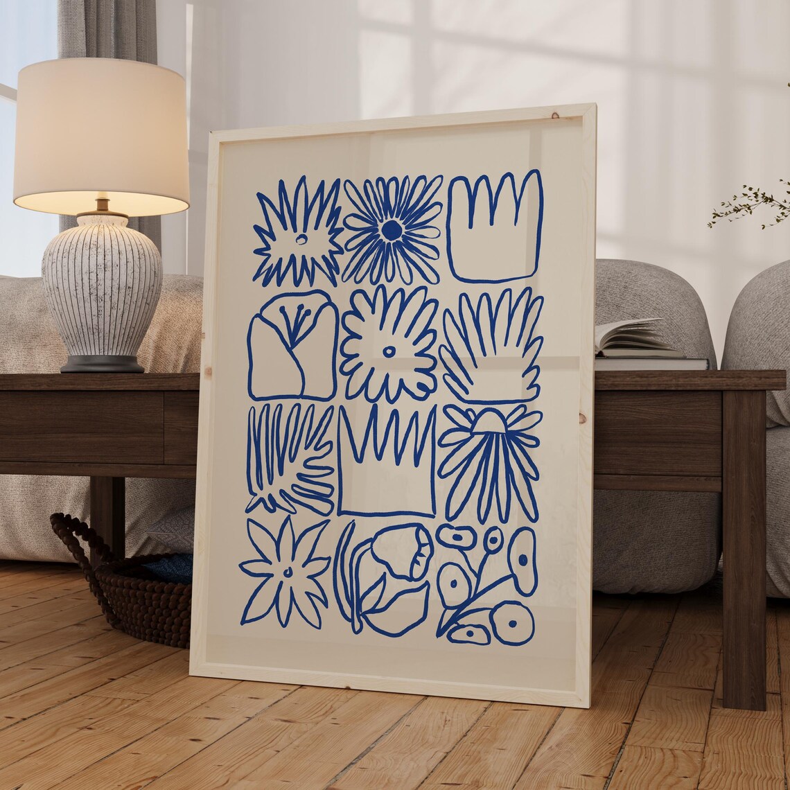 Blue Abstract Floral Line Art Grid Whimsical Botanical Poster