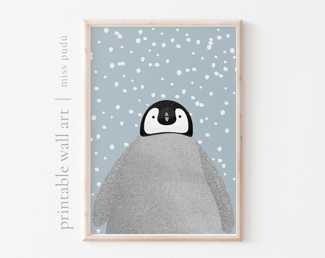 Baby Penguin In Falling Snow Blue Winter Nursery Animal Print