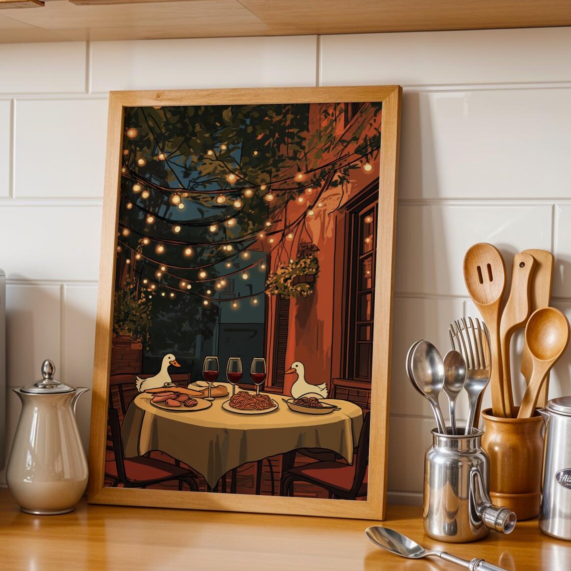 Duck Bistro Dinner Fairy Lights Whimsical Night Scene Art Poster