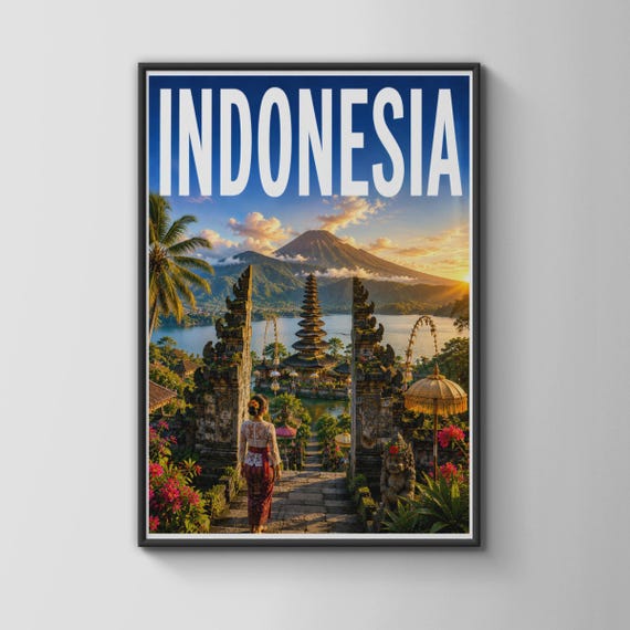 Indonesia Bali Temple Travel Poster Balinese Volcano Sunset Wall Art Print