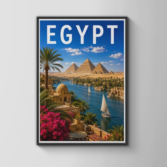 Egypt Travel Poster Pyramids Of Giza Nile River Vintage Style Art
